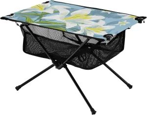 Bolaz Outdoor Folding Portable Picnic Camping Table-White Lily Flower on Blue,Storage Mesh for Camping Gear Accessories, Hiking, Mountaineering, Outdoor Travel