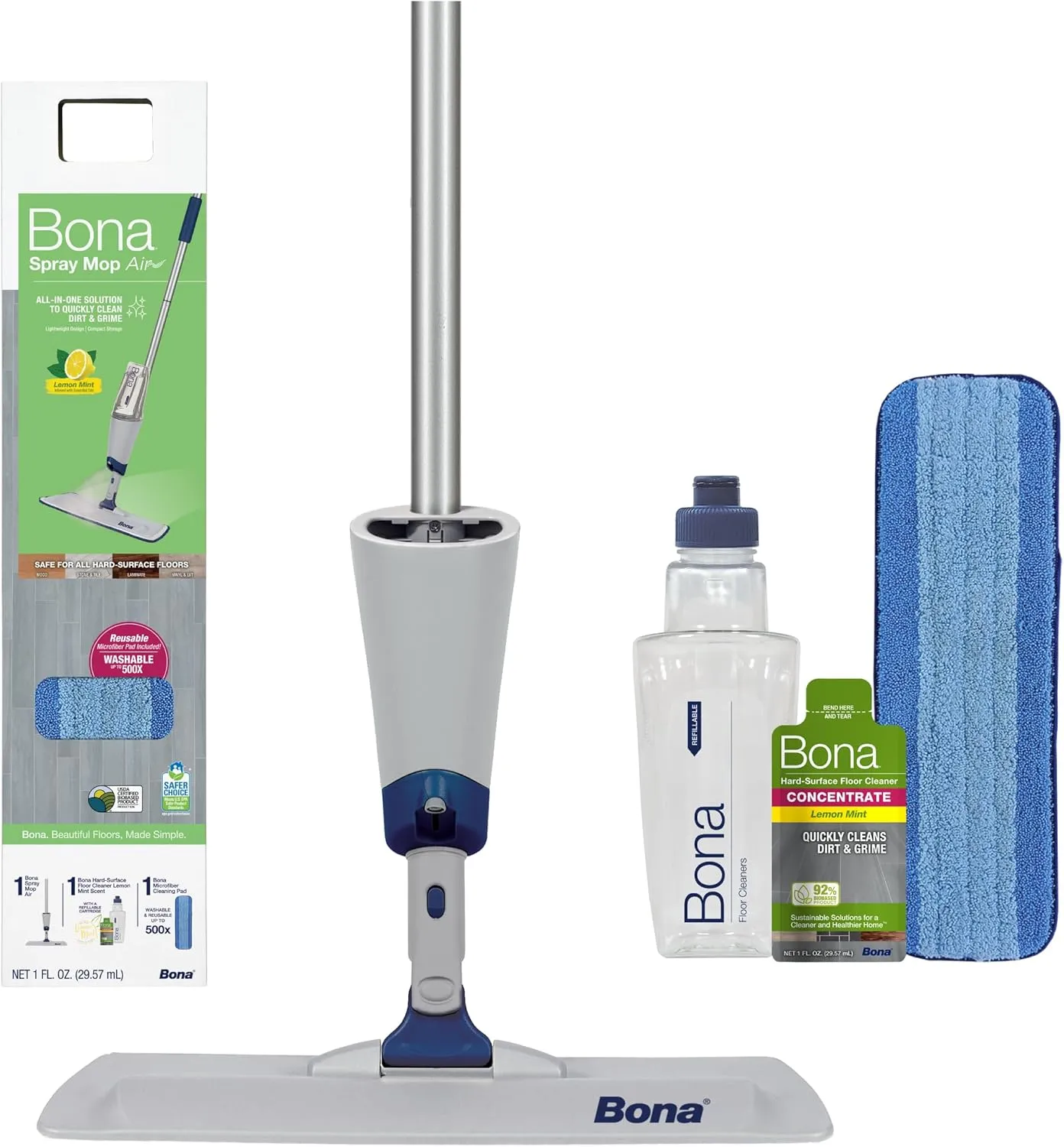 Bona Spray Mop Air - Includes Multi-Surface Floor Cleaner Concentrate and Microfiber Pad - Lemon Mint Scent - Lightweight & Compact Mop