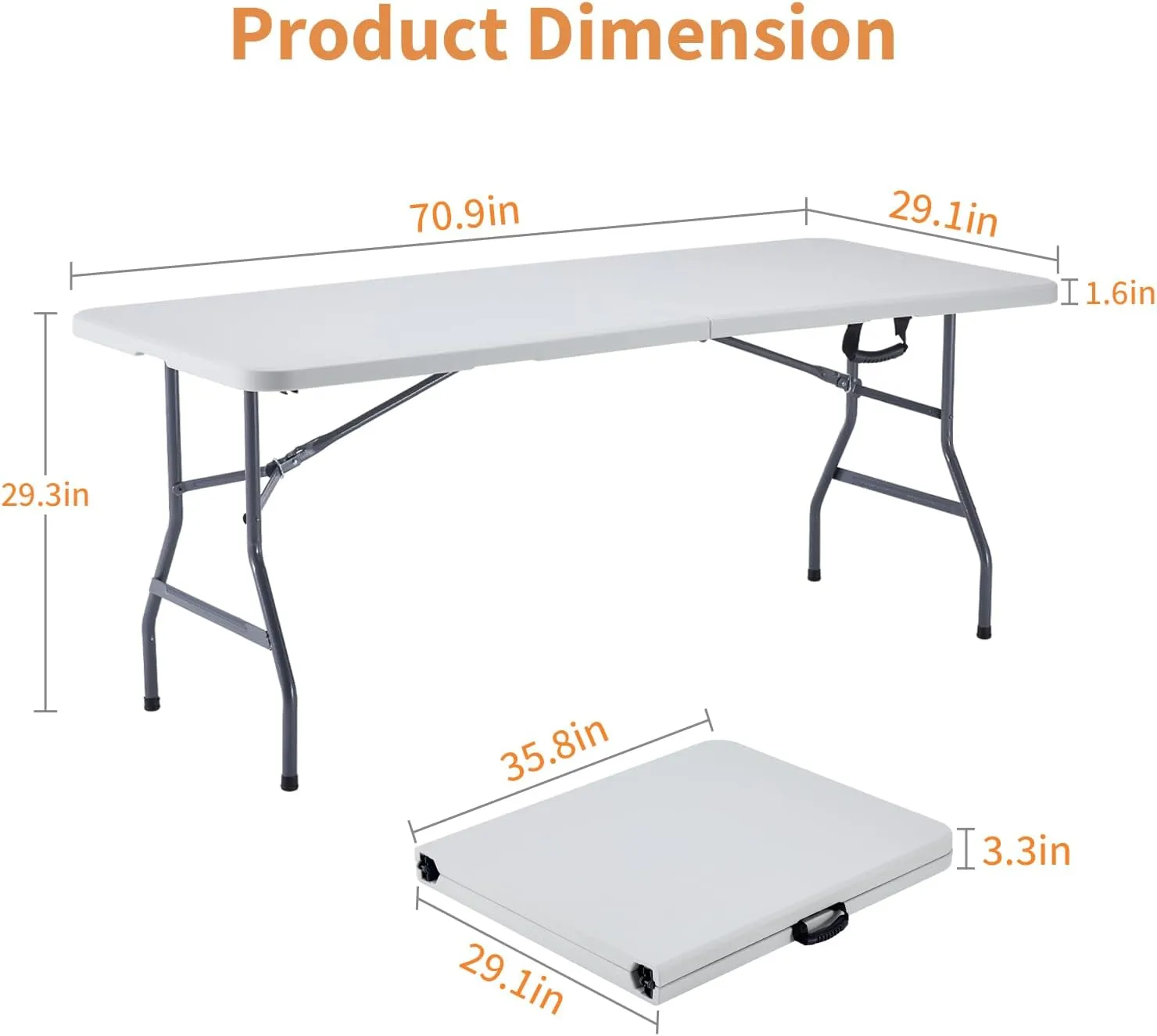 BOOSDEN 6ft Folding Table, Portable Foldable Card, Fold-in-Half Utility, Indoor Outdoor White Long With Carrying Handle, Plastic for Picnic, Party, Camping, Banquet