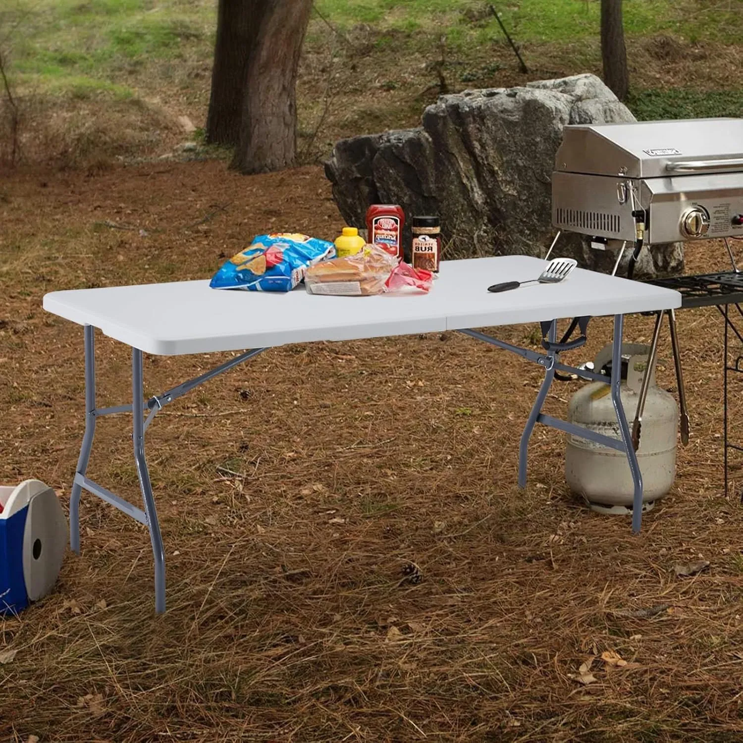 BOOSDEN 6ft Folding Table, Portable Foldable Card, Fold-in-Half Utility, Indoor Outdoor White Long With Carrying Handle, Plastic for Picnic, Party, Camping, Banquet