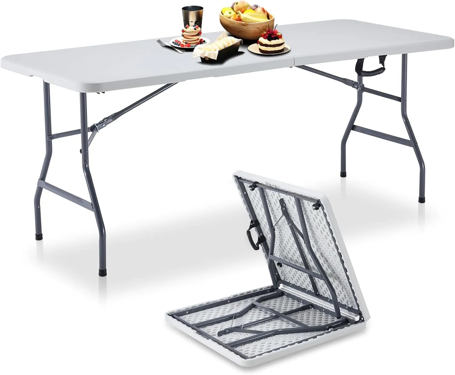 BOOSDEN 6ft Folding Table, Portable Foldable Card, Fold-in-Half Utility, Indoor Outdoor White Long With Carrying Handle, Plastic for Picnic, Party, Camping, Banquet