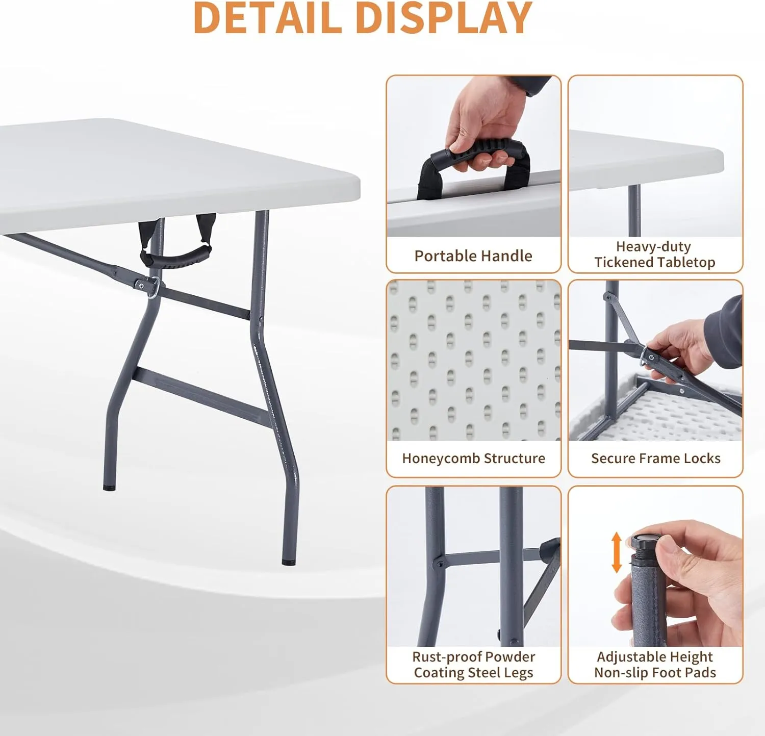 BOOSDEN 6ft Folding Table, Portable Foldable Card, Fold-in-Half Utility, Indoor Outdoor White Long With Carrying Handle, Plastic for Picnic, Party, Camping, Banquet