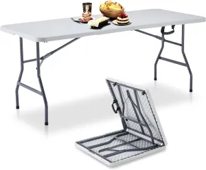 BOOSDEN 6ft Folding Table, Portable Foldable Card, Fold-in-Half Utility, Indoor Outdoor White Long With Carrying Handle, Plastic for Picnic, Party, Camping, Banquet