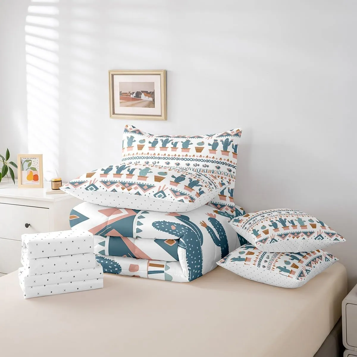 Cactus Geometric 7 Piece Comforter Set Full Bed in a Bag,Southwestern Ethnic Tribe Aztec Bedding Sets Exotic Vintage Geometry Western Sheet Set with Comforter