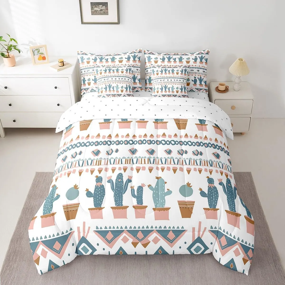 Cactus Geometric 7 Piece Comforter Set Full Bed in a Bag,Southwestern Ethnic Tribe Aztec Bedding Sets Exotic Vintage Geometry Western Sheet Set with Comforter