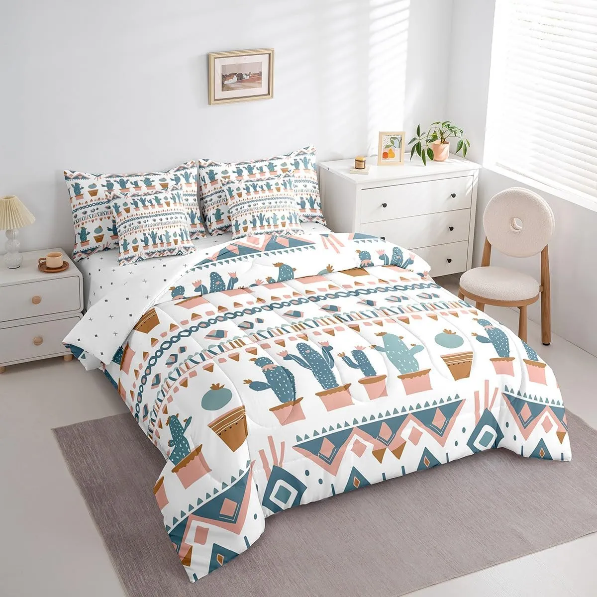 Cactus Geometric 7 Piece Comforter Set Full Bed in a Bag,Southwestern Ethnic Tribe Aztec Bedding Sets Exotic Vintage Geometry Western Sheet Set with Comforter