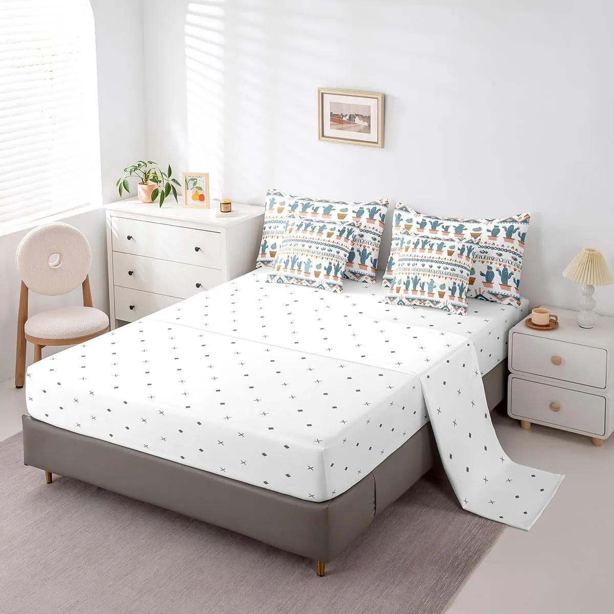 Cactus Geometric 7 Piece Comforter Set Full Bed in a Bag,Southwestern Ethnic Tribe Aztec Bedding Sets Exotic Vintage Geometry Western Sheet Set with Comforter