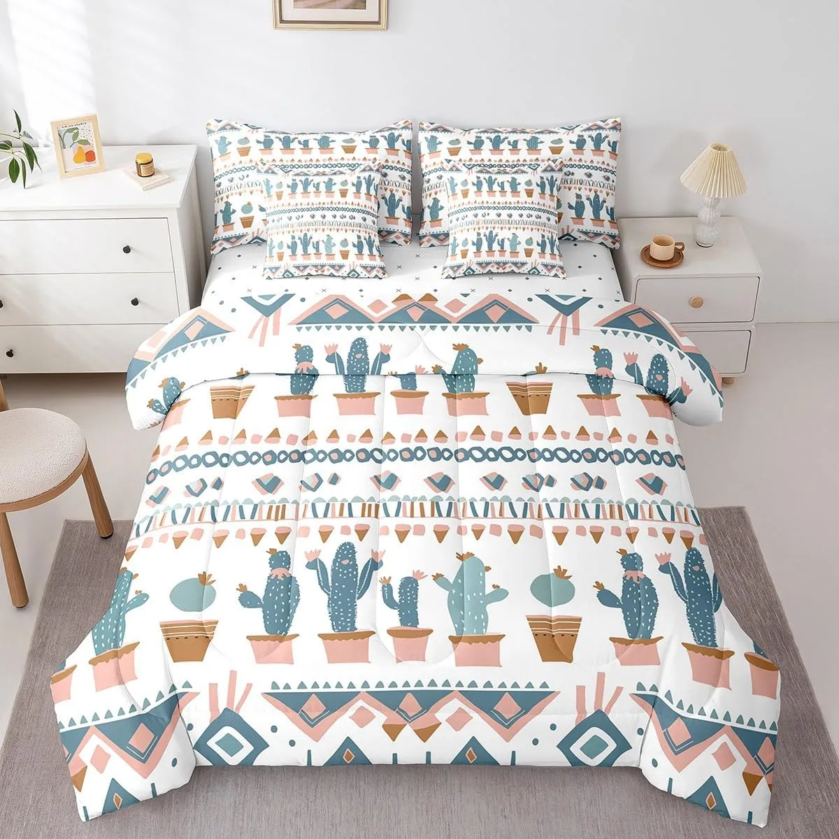 Cactus Geometric 7 Piece Comforter Set Full Bed in a Bag,Southwestern Ethnic Tribe Aztec Bedding Sets Exotic Vintage Geometry Western Sheet Set with Comforter