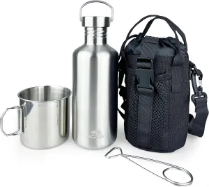 Canteen 42oz Single Wall Water Bottle with 24oz Nested Camping Cup and Carrier Bag, Bushcraft Gear, Wide Mouth Water Bottle, Survival Gear, Water Boiler, Self Reliance, Stainless Steel - Black