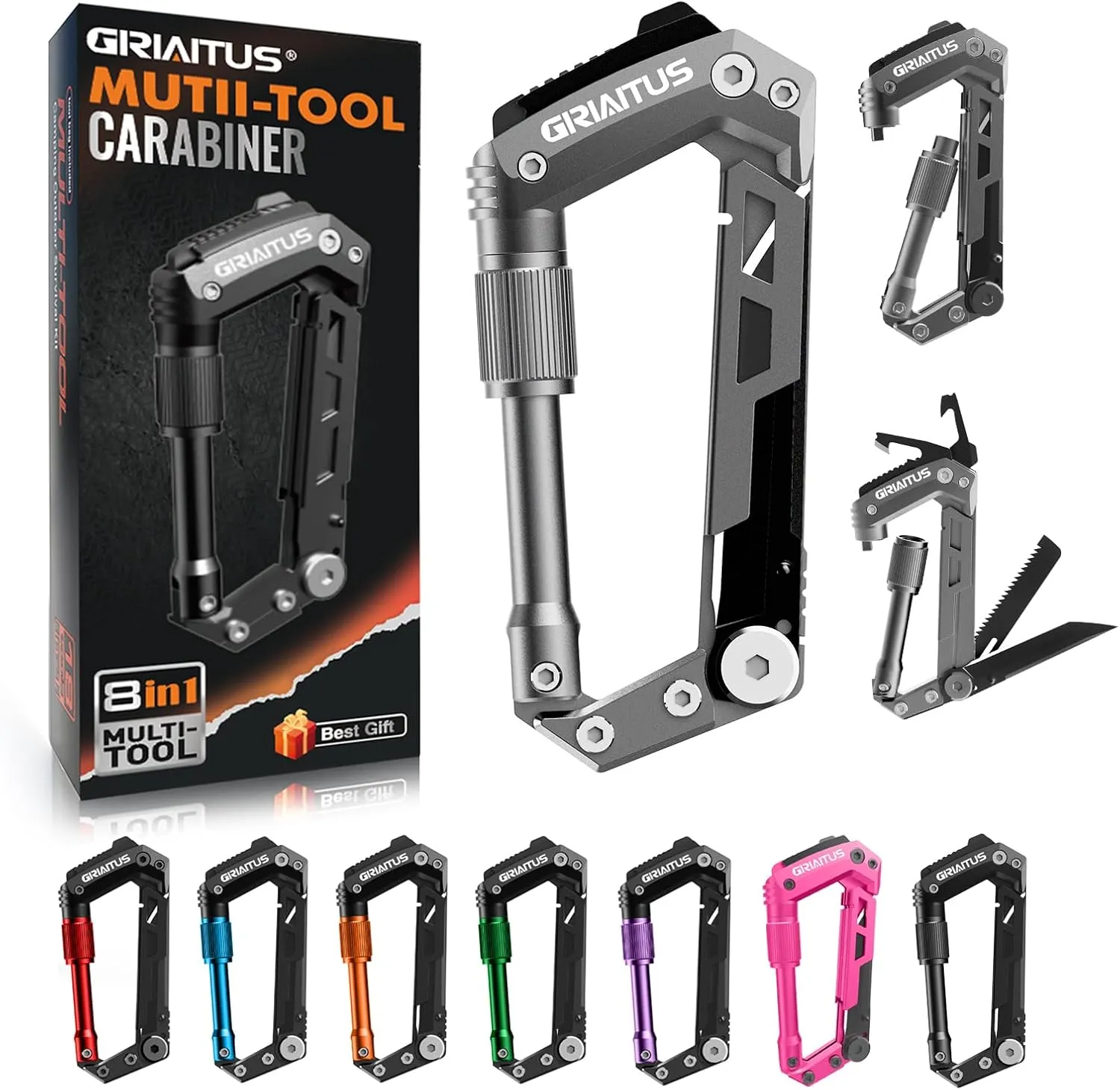 Carabiner Multitool with Pocket Knives, 8-in-1 EDC Carabiners, Serrated Knife, Rope Cutter, Screwdriver, Can Bottle Opener, Ruler, Folding Knife for Camping Hiking, Gifts for Men (Grey)