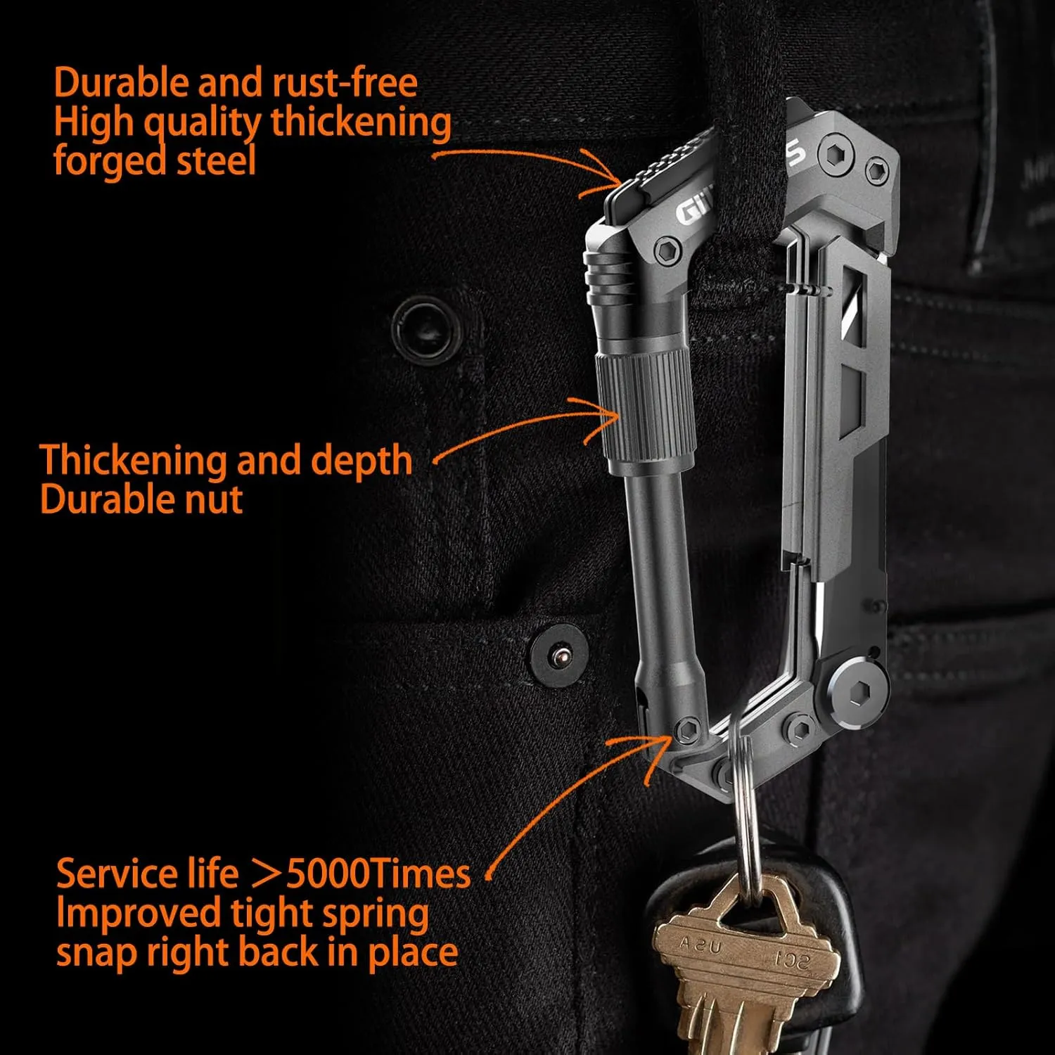 Carabiner Multitool with Pocket Knives, 8-in-1 EDC Carabiners, Serrated Knife, Rope Cutter, Screwdriver, Can Bottle Opener, Ruler, Folding Knife for Camping Hiking, Gifts for Men (Grey)