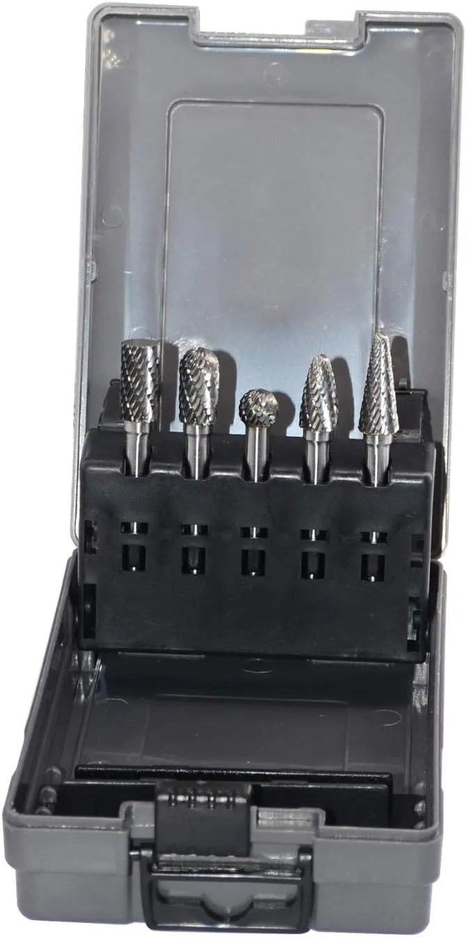 Carbide Burrs Set 5pcs with 1/4''Shank Double Cut Solid Power Tools Tungsten Carbide Rotary Files Bits for Die Grinder Metal Wood Carving Engraving Polishing Drilling Grinding Milling Cutting