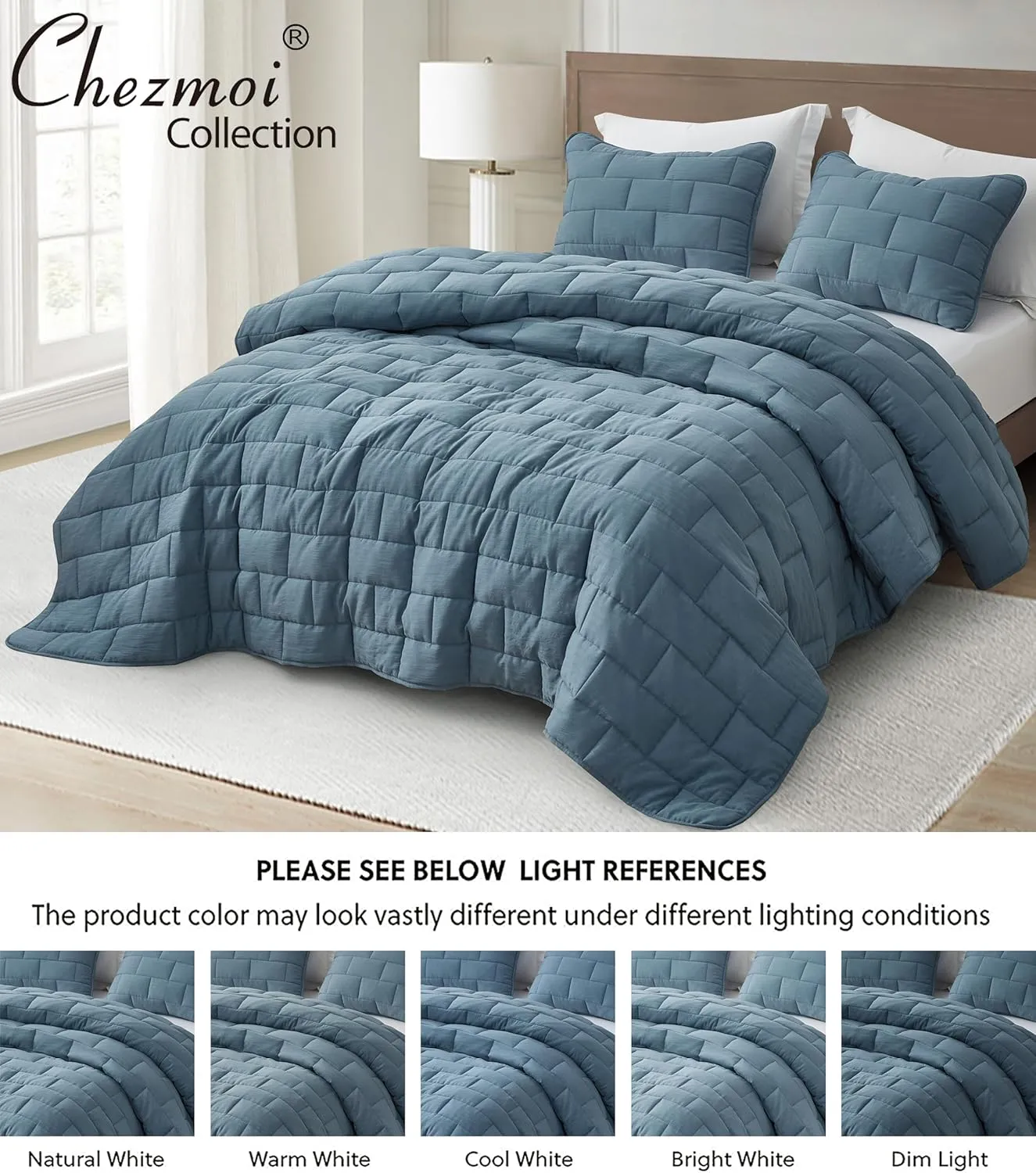 Chezmoi Collection George 3-Piece Jacquard Quilt Set King Size, Blue Textured Woven Lightweight Rectangle Quilted Bedspread for All Seasons (1 Quilt 108x96 inches, 2 Shams)