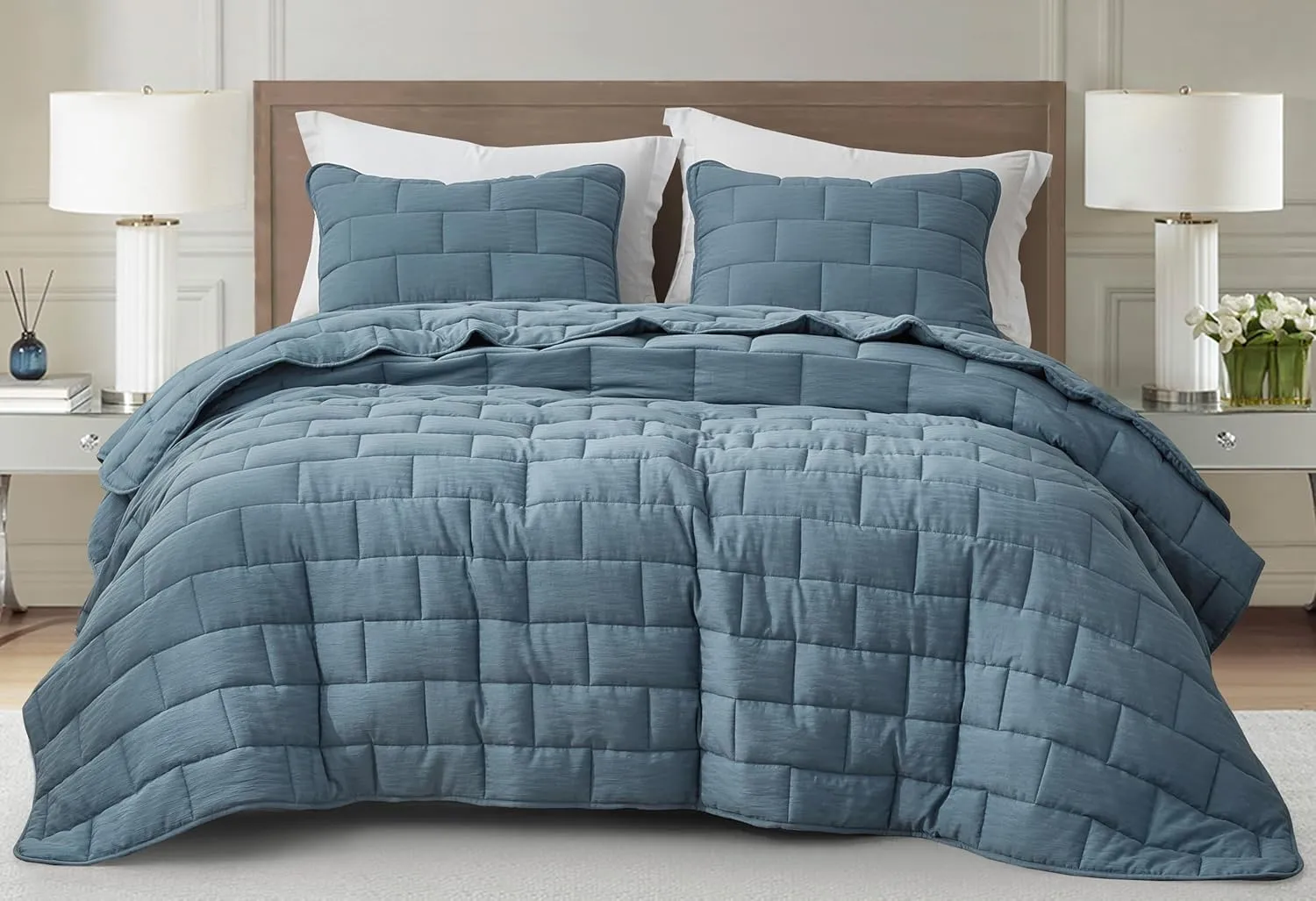 Chezmoi Collection George 3-Piece Jacquard Quilt Set King Size, Blue Textured Woven Lightweight Rectangle Quilted Bedspread for All Seasons (1 Quilt 108x96 inches, 2 Shams)