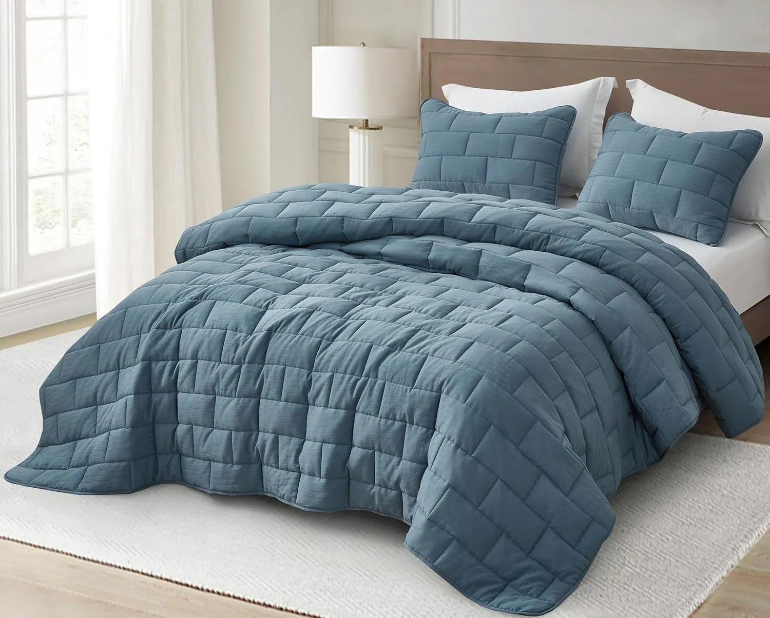 Chezmoi Collection George 3-Piece Jacquard Quilt Set King Size, Blue Textured Woven Lightweight Rectangle Quilted Bedspread for All Seasons (1 Quilt 108x96 inches, 2 Shams)