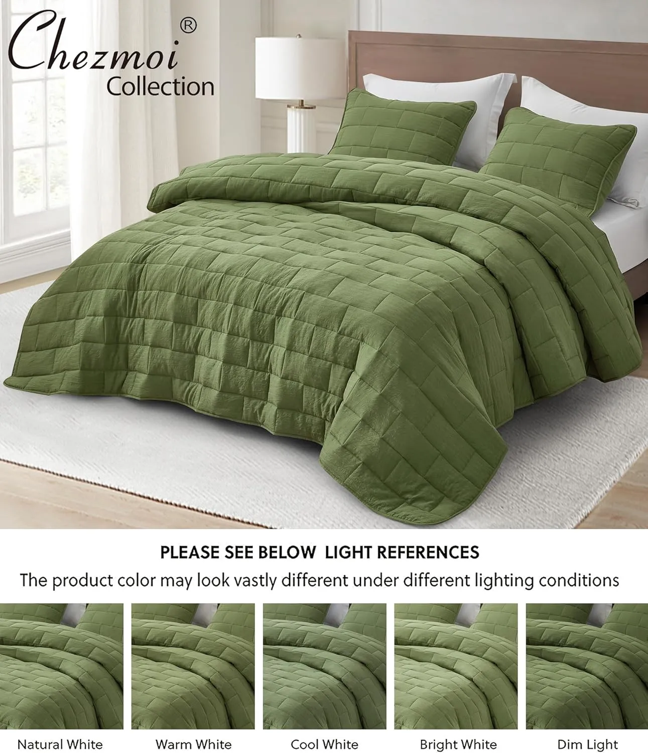 Chezmoi Collection George 3-Piece Jacquard Quilt Set King Size, Olive Green Textured Woven Lightweight Rectangle Quilted Bedspread for All Seasons (1 Quilt 108x96 inches, 2 Shams)