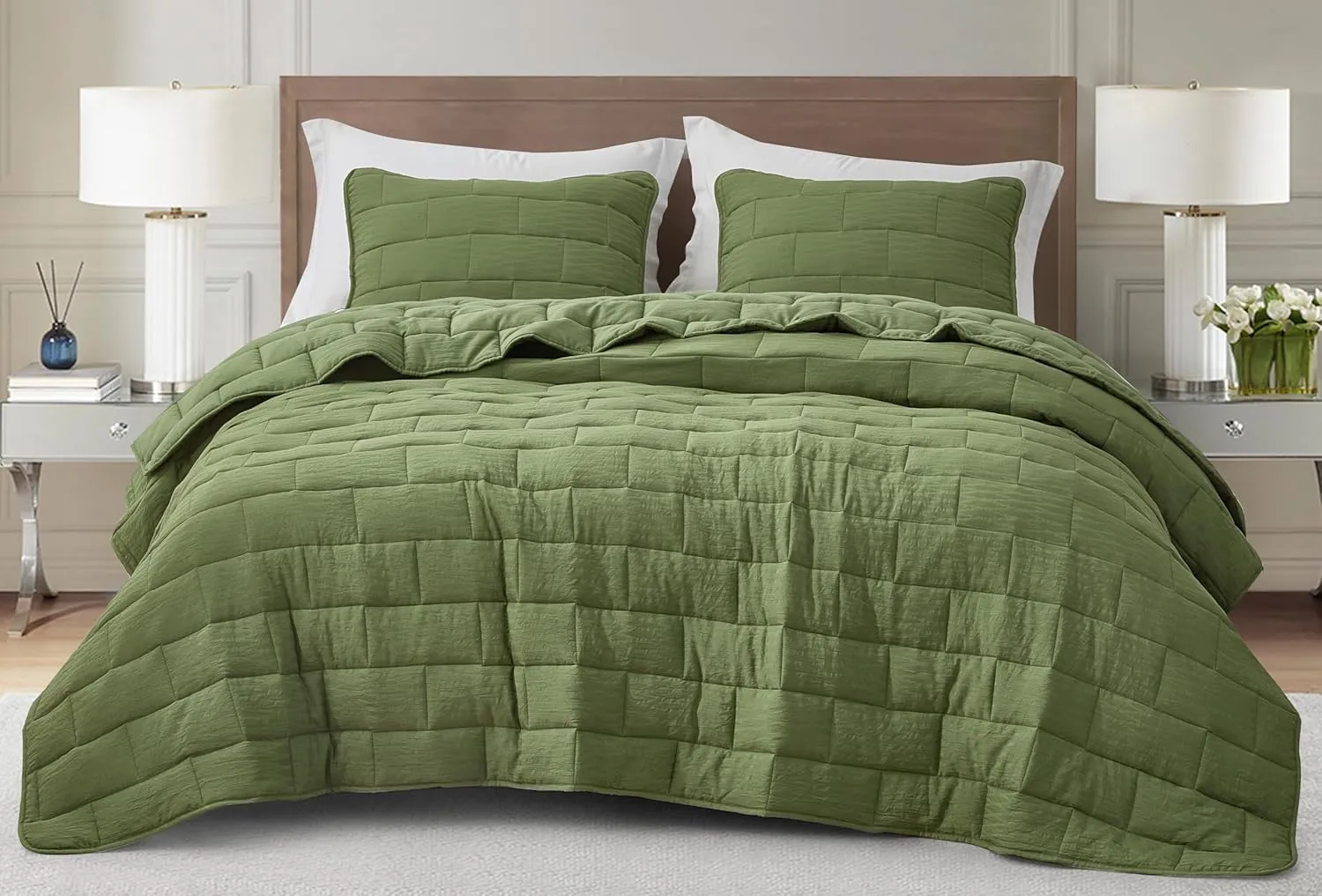 Chezmoi Collection George 3-Piece Jacquard Quilt Set King Size, Olive Green Textured Woven Lightweight Rectangle Quilted Bedspread for All Seasons (1 Quilt 108x96 inches, 2 Shams)