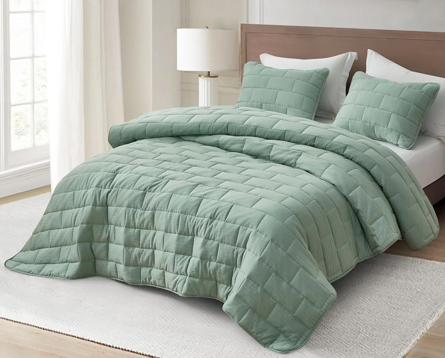 Chezmoi Collection George 3-Piece Jacquard Quilt Set King Size, Sage Green Textured Woven Lightweight Rectangle Quilted Bedspread for All Seasons (1 Quilt 108x96 inches, 2 Shams)