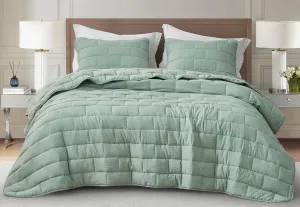 Chezmoi Collection George 3-Piece Jacquard Quilt Set King Size, Sage Green Textured Woven Lightweight Rectangle Quilted Bedspread for All Seasons (1 Quilt 108x96 inches, 2 Shams)