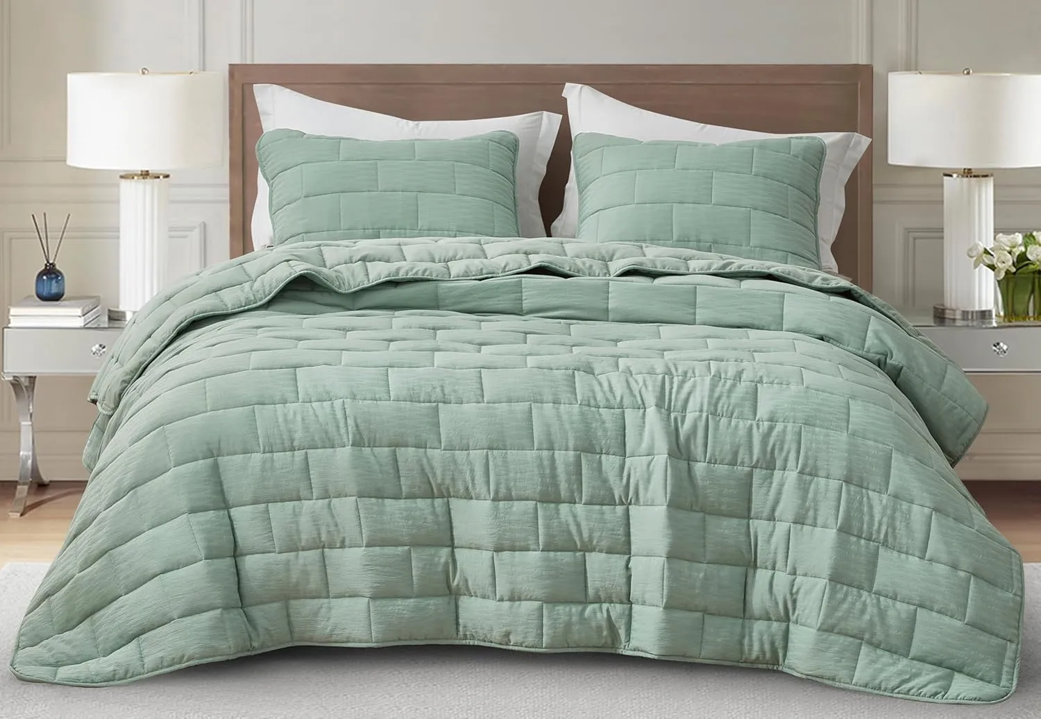 Chezmoi Collection George 3-Piece Jacquard Quilt Set King Size, Sage Green Textured Woven Lightweight Rectangle Quilted Bedspread for All Seasons (1 Quilt 108x96 inches, 2 Shams)