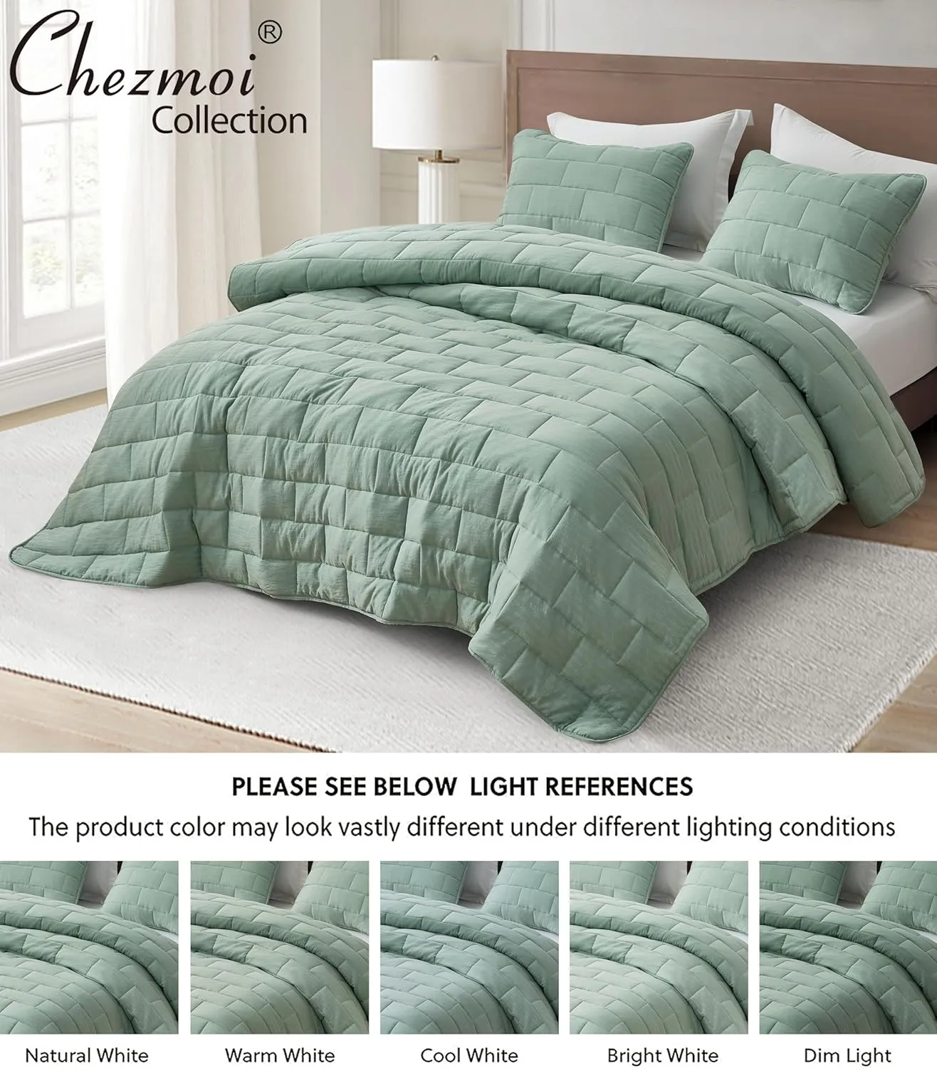 Chezmoi Collection George 3-Piece Jacquard Quilt Set King Size, Sage Green Textured Woven Lightweight Rectangle Quilted Bedspread for All Seasons (1 Quilt 108x96 inches, 2 Shams)