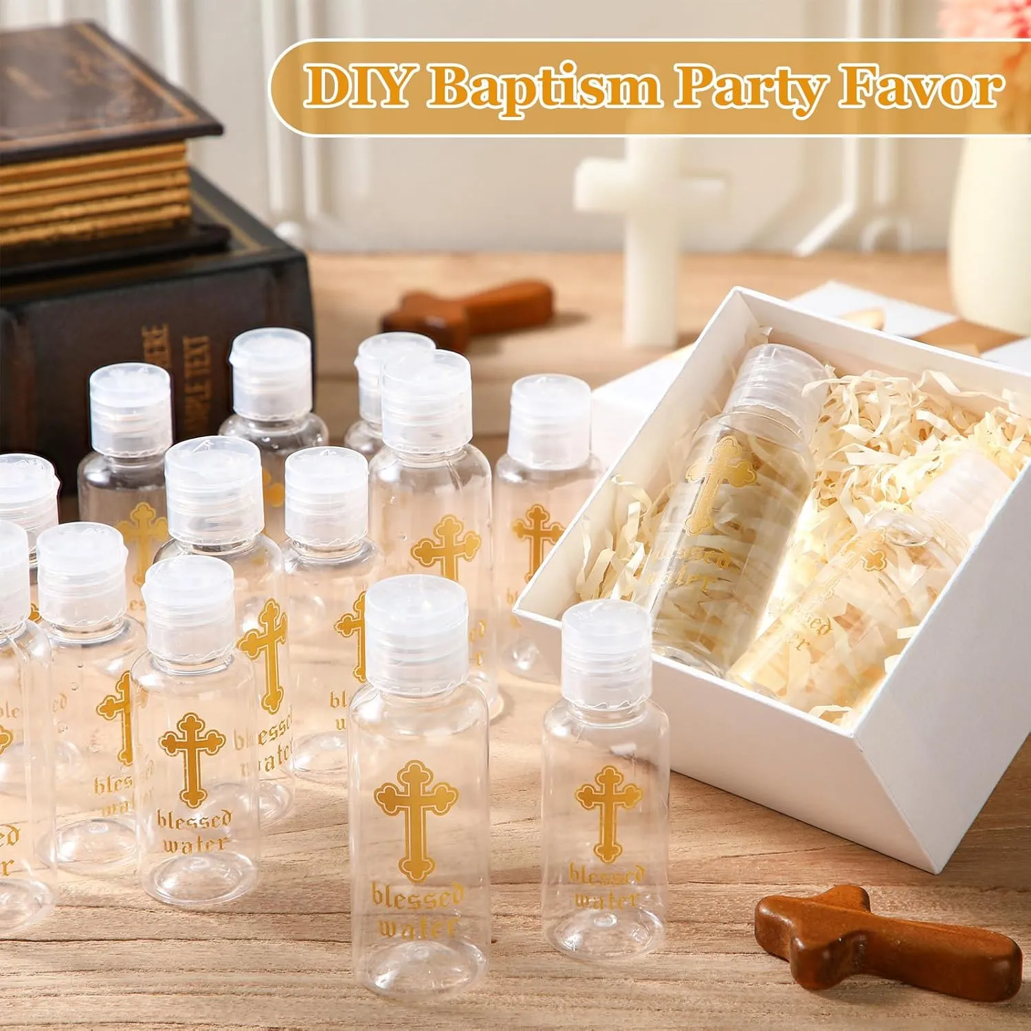 Chuangdi Small Holy Water Bottles Baptism Party Favor 50 ml Transparent Holy Water Empty Containers with Golden Catholic Cross First Communion Gift for Guests Christian Church Easter(50 Pcs,30 ml)