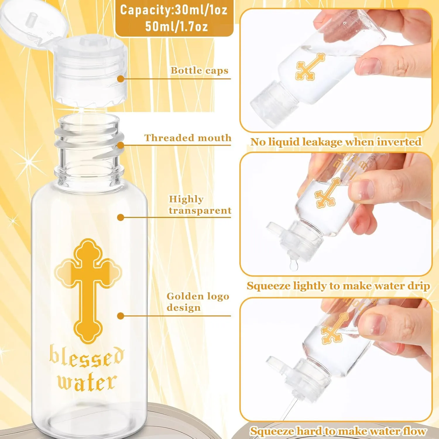 Chuangdi Small Holy Water Bottles Baptism Party Favor 50 ml Transparent Holy Water Empty Containers with Golden Catholic Cross First Communion Gift for Guests Christian Church Easter(50 Pcs,30 ml)