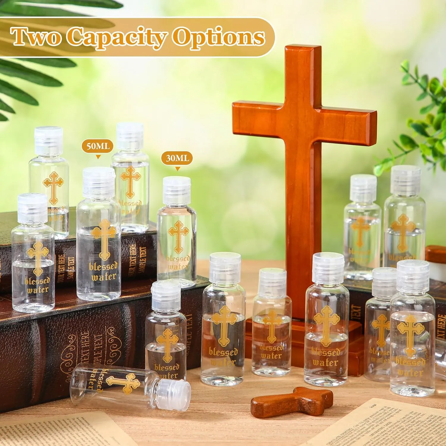 Chuangdi Small Holy Water Bottles Baptism Party Favor 50 ml Transparent Holy Water Empty Containers with Golden Catholic Cross First Communion Gift for Guests Christian Church Easter(50 Pcs,30 ml)