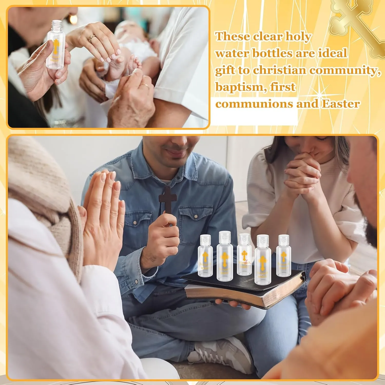 Chuangdi Small Holy Water Bottles Baptism Party Favor 50 ml Transparent Holy Water Empty Containers with Golden Catholic Cross First Communion Gift for Guests Christian Church Easter(50 Pcs,30 ml)