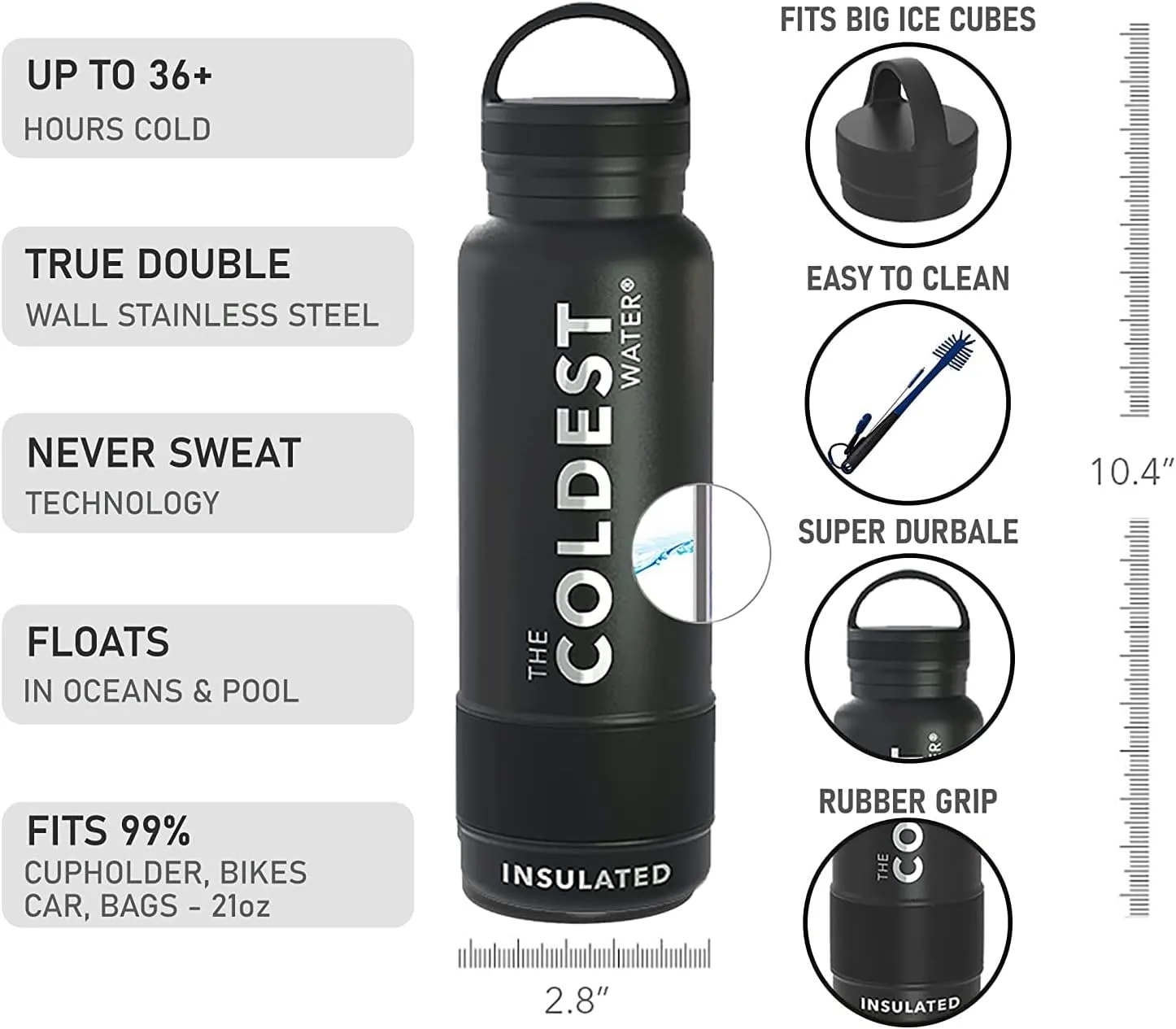 Coldest Insulated Water Bottle with Handle Lid | Leak Proof, Simple Insulated Modern Stainless Steel, Double Walled, Sport Thermos Bottles, Metal Flask | 21oz