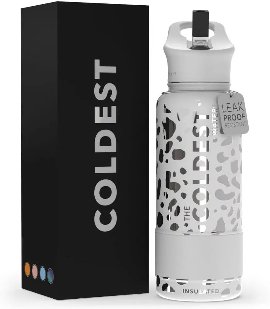 Coldest Insulated Water Bottle with Straw Lid - Stainless Steel Metal Thermos for Men & Women (Silver Leopard, 32 oz)