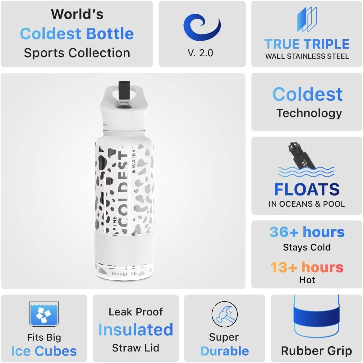 Coldest Insulated Water Bottle with Straw Lid - Stainless Steel Metal Thermos for Men & Women (Silver Leopard, 32 oz)