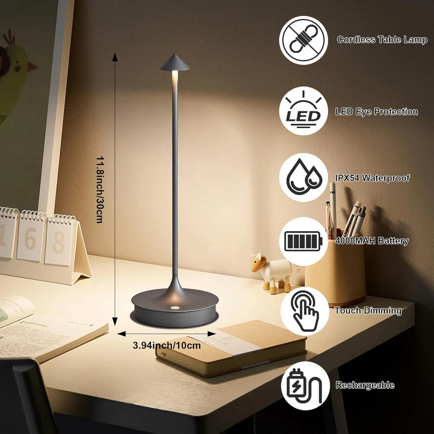 Cordless Table Lamp Rechargeable Led Desk Lamp Battery Operated Table Lamps Touch Dimmable Lamp Portable Outdoor Table Light for Restaurants and Bars Indoor/Outdoor Use (Grey - 2PC)