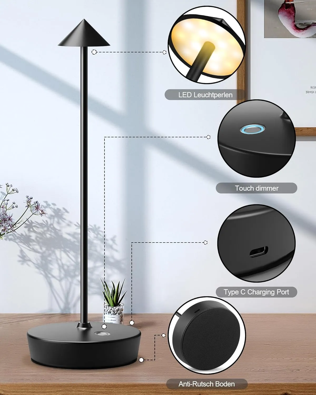 Cordless Table Lamps Rechargeable, 6000mAh Battery Operated LED Desk Lamp Outdoor Waterproof Portable Touch Dimmable Table Light for Patio Restaurant Dining Home Set of 2 Black