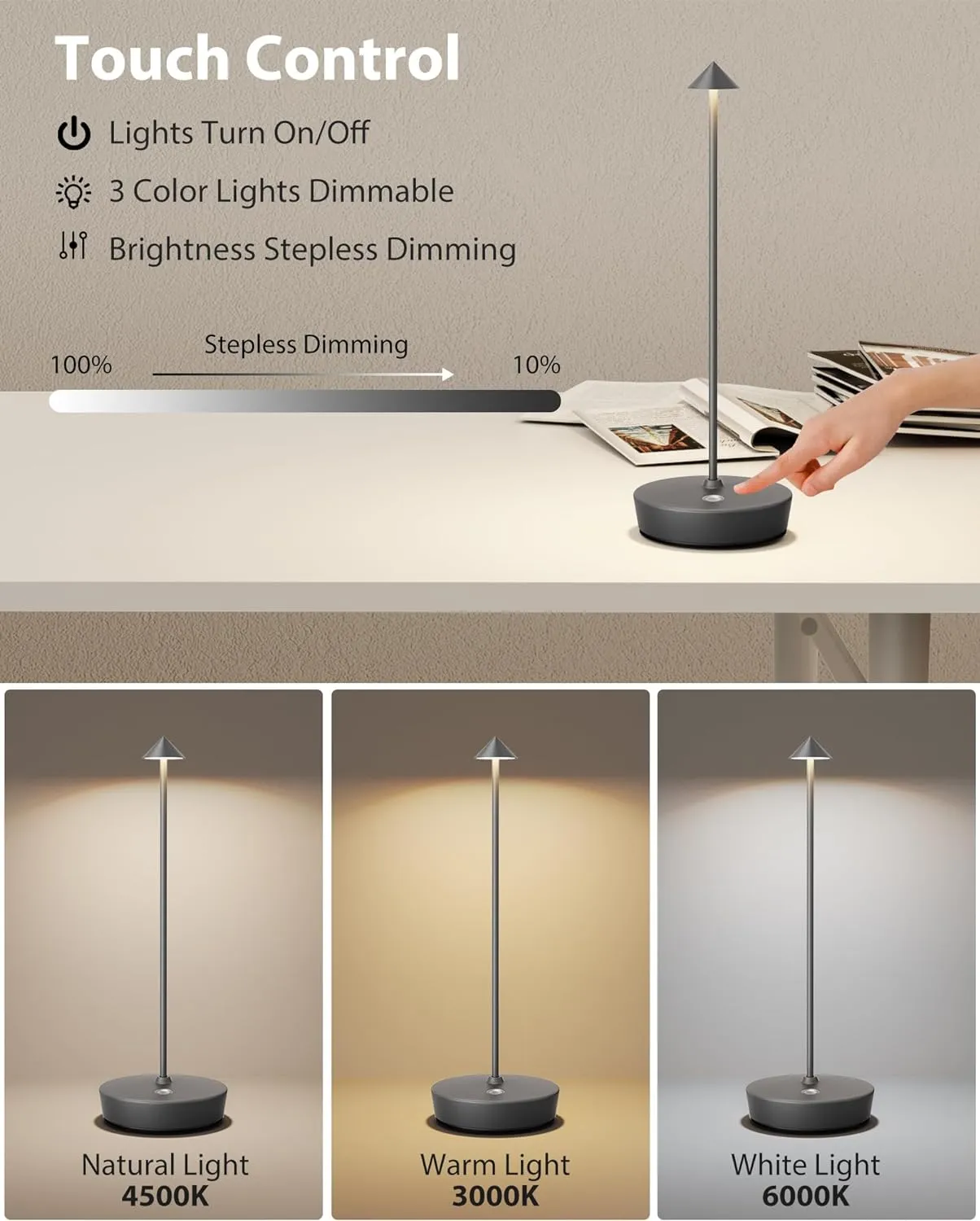 Cordless Table Lamps Rechargeable, 6000mAh Battery Operated LED Desk Lamp Outdoor Waterproof Portable Touch Dimmable Table Light for Patio Restaurant Dining Home Set of 2 Grey