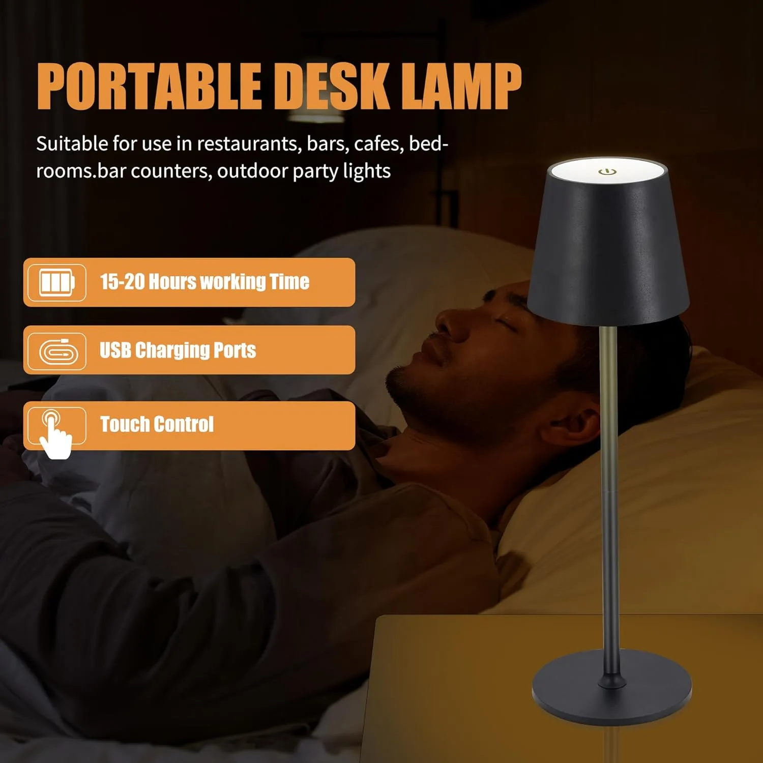 Cordless Table Lamps USB Rechargeable Simplicity Desk Lamp Built-in 4600 mAh Battery LED Battery Operated lamp with Touch Control Table lamp - Bedroom/Desk/Reading/Patio(Black)