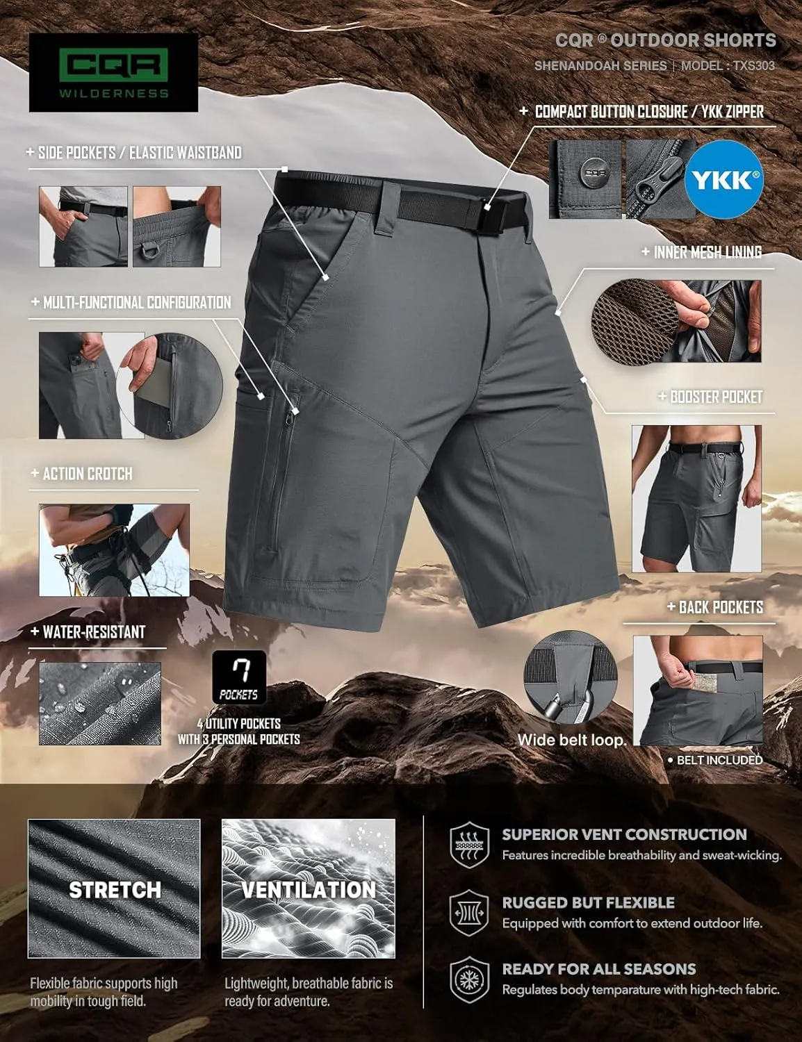 CQR Men’s Quick-Dry Stretch Hiking Cargo Shorts – Lightweight Water-Resistant Tactical Casual, Golf & Outdoor with Pockets