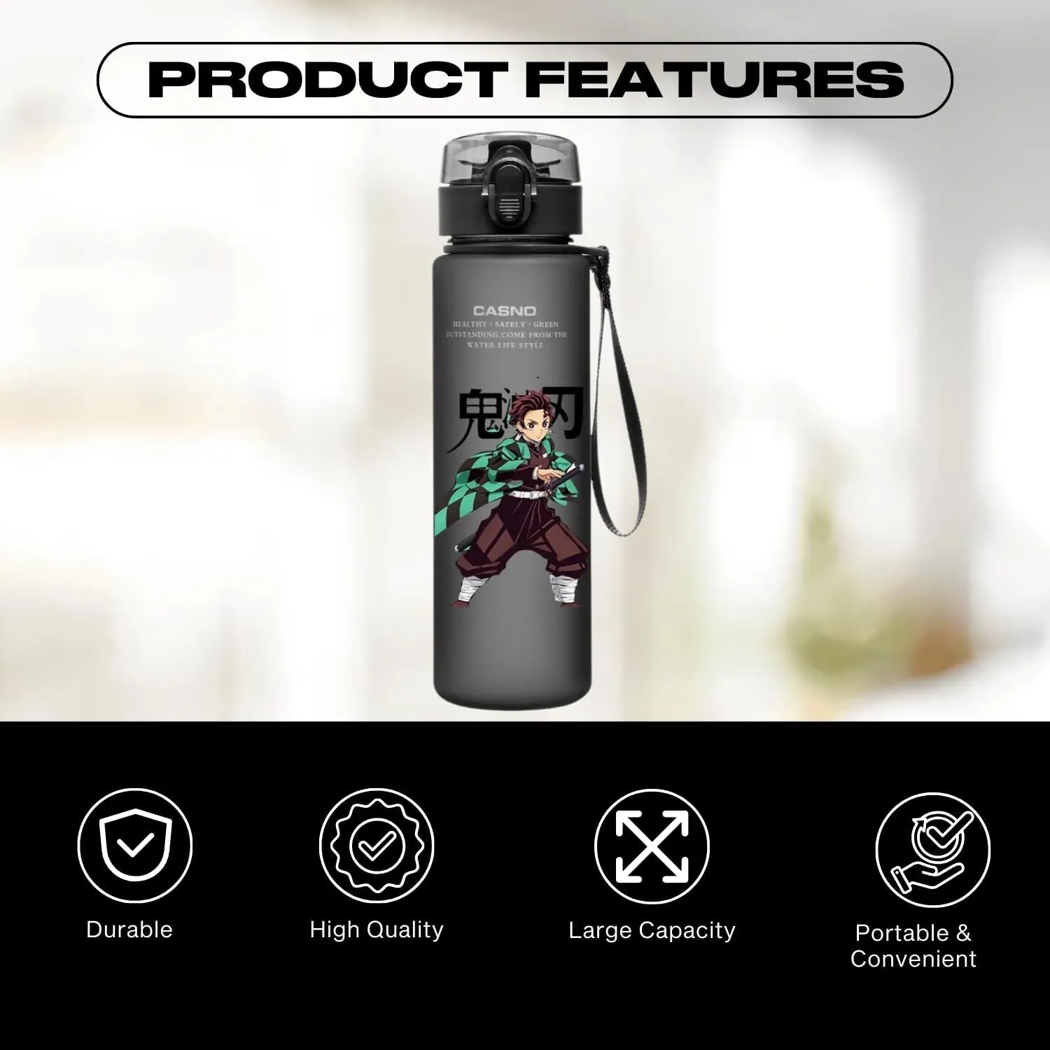 CROWN Anime Water Bottle - Stylish Gallon Water Bottle Leak Proof Water Bottles Gym Sports Travel Running Water Jug Holder (1F)