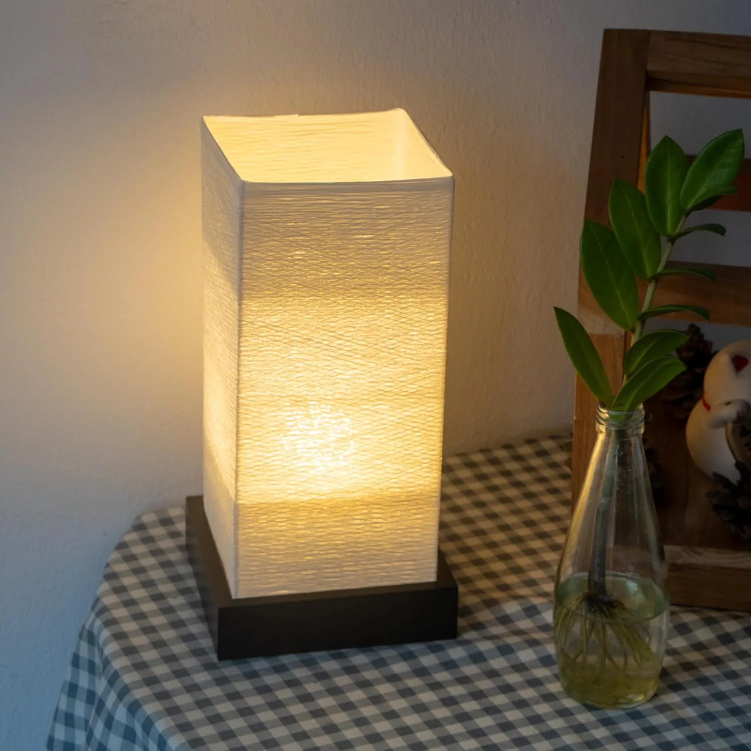Dimmable Japanese Lamp Table Lantern • Small Warm Woven Glow Light • Nightstand Bedside Akari • Noguchi Style | UL Wire | Instructions   Lightbulb Included | (Ivory)