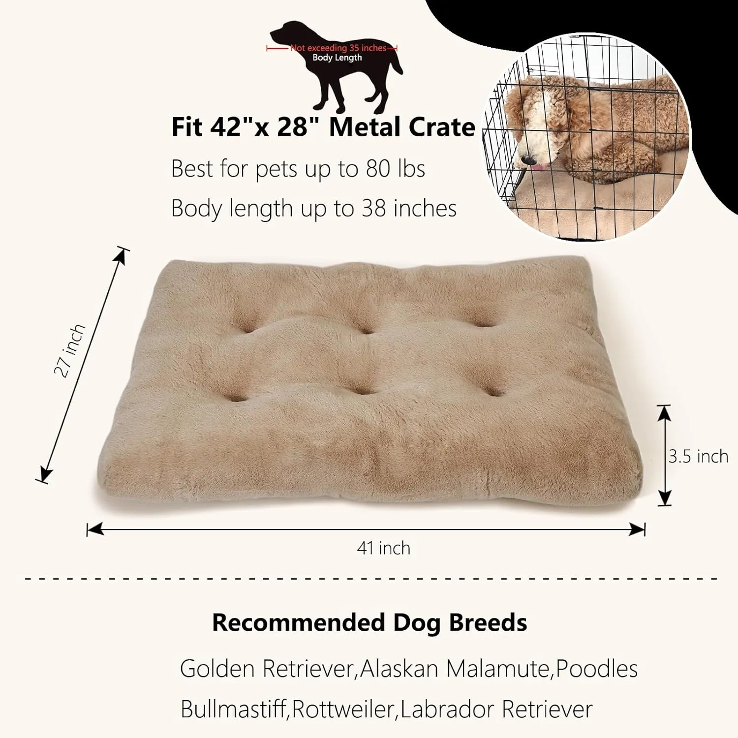 Dog Beds Large Sized Dog Washable fit Metal Crates or Kennel,Crate Pad 42x28 with Faux Fur Cage Mat for up to 70 lbs Pet,Extra Soft Crate Mat 42 inch Anti-Slip Bottom,Light Brown