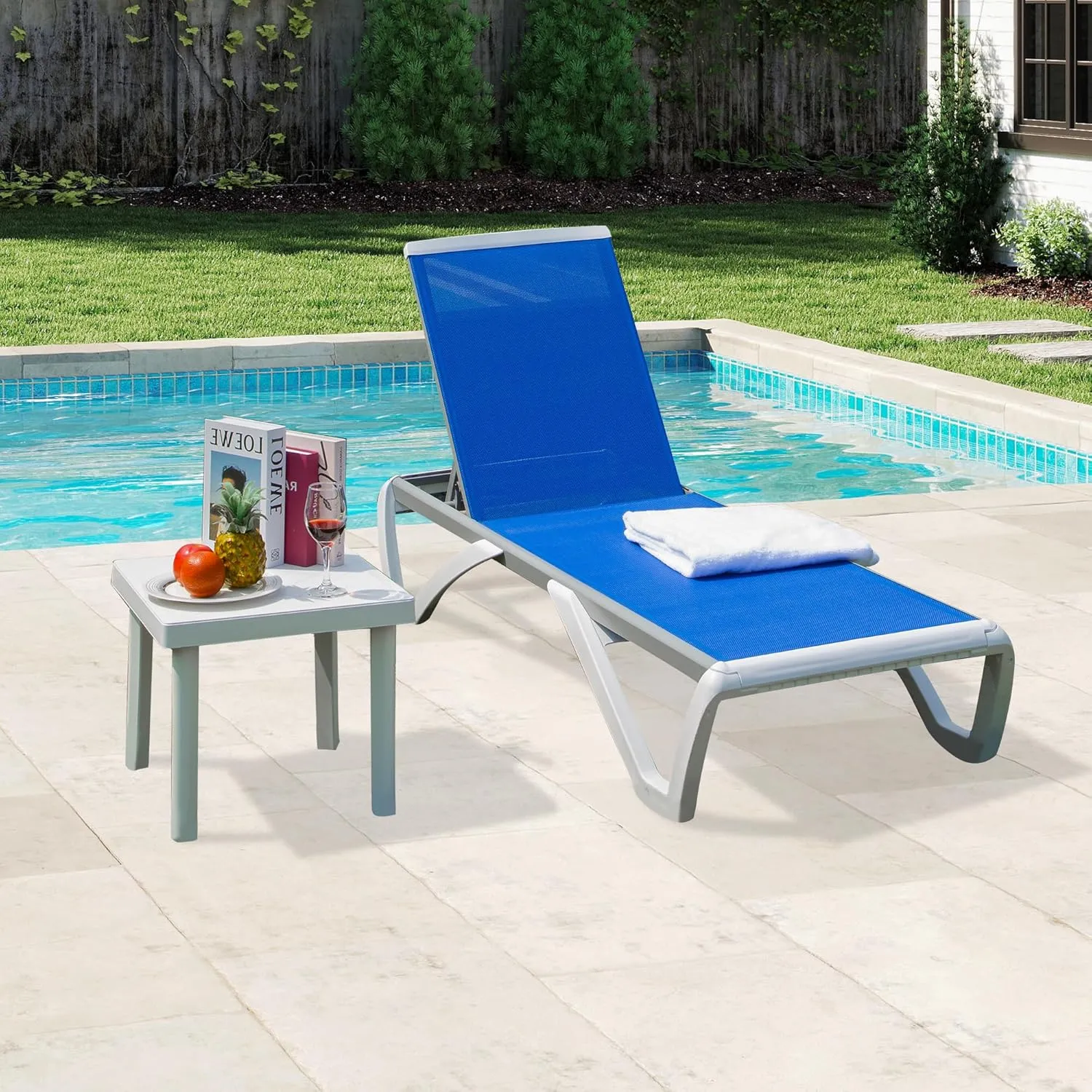 Domi Outdoor Chaise Lounge Chairs Set of 2, Aluminum Patio Lounge Chairs with 5 Position Adjustable Backrest and Side Table, for Poolside, Beach, Yard, Blue