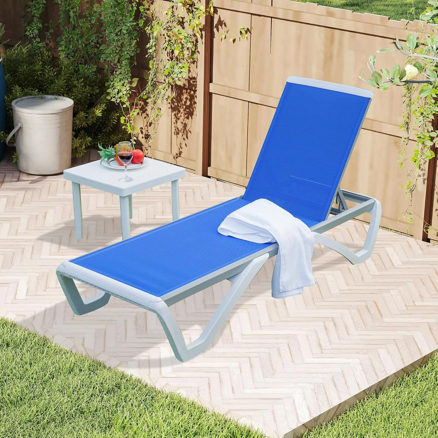 Domi Outdoor Chaise Lounge Chairs Set of 2, Aluminum Patio Lounge Chairs with 5 Position Adjustable Backrest and Side Table, for Poolside, Beach, Yard, Blue