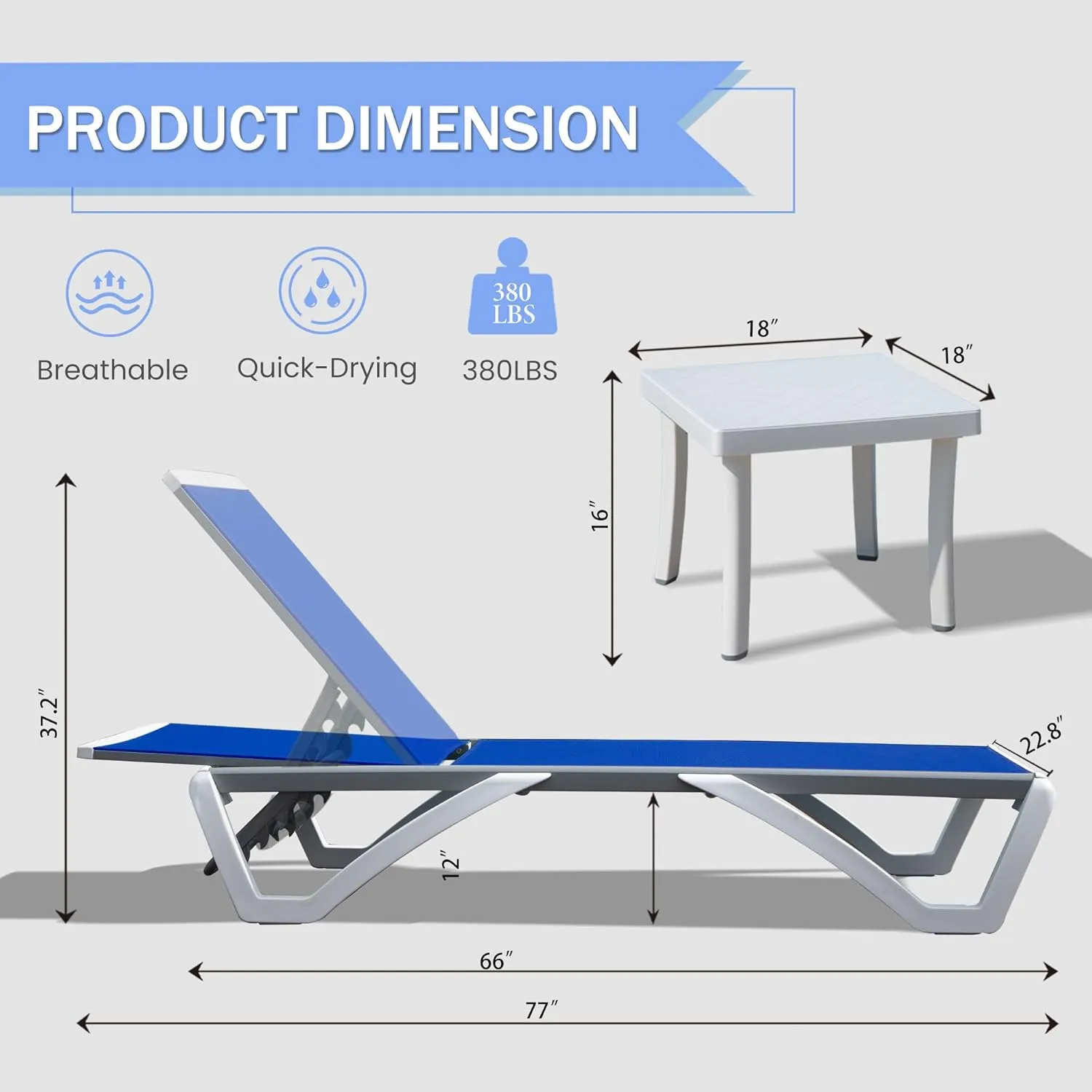 Domi Outdoor Chaise Lounge Chairs Set of 2, Aluminum Patio Lounge Chairs with 5 Position Adjustable Backrest and Side Table, for Poolside, Beach, Yard, Blue