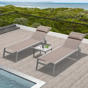 Domi Patio Chaise Lounge Set of 3,Aluminum Adjustable Pool Lounge Chairs with Side Table,Sunbathing Lounger for Deck Lawn Patio Backyard,Textilene - Khaki