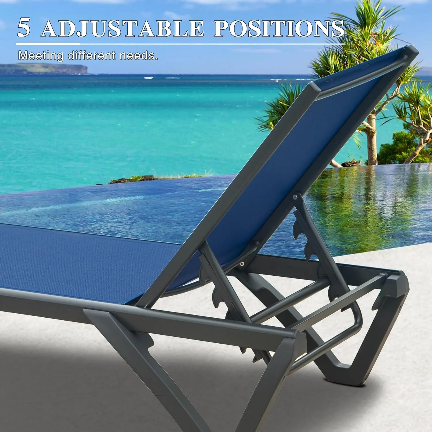 Domi Pool Lounge Chairs Set of 3, Aluminum Adjustable Outdoor Chaise Lounge with Wheels and Side Table, All Weather Poolside Chairs for Deck Lawn Patio Backyard, Textilene- Navy Blue