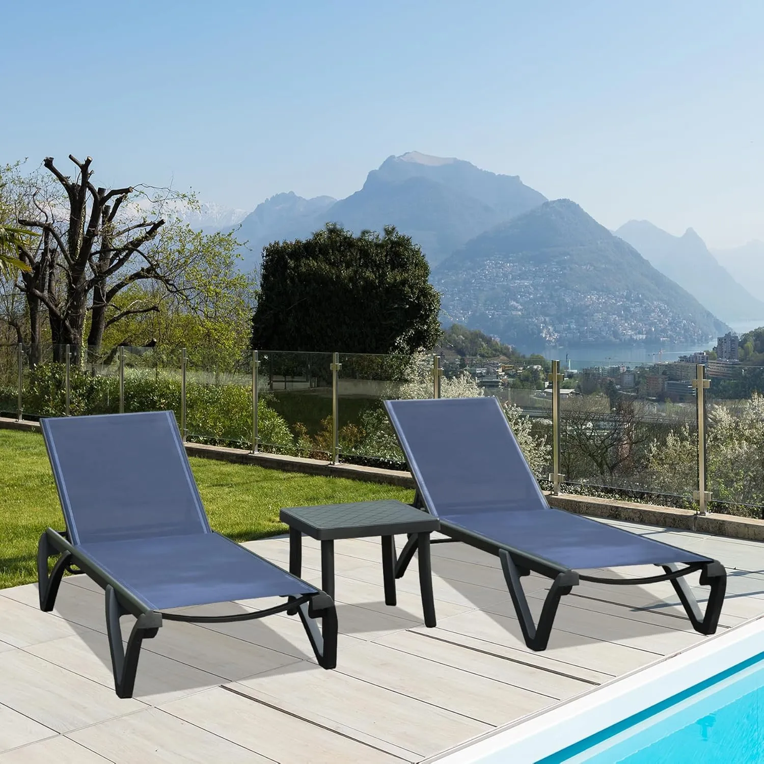 Domi Pool Lounge Chairs Set of 3, Aluminum Adjustable Outdoor Chaise Lounge with Wheels and Side Table, All Weather Poolside Chairs for Deck Lawn Patio Backyard, Textilene- Navy Blue