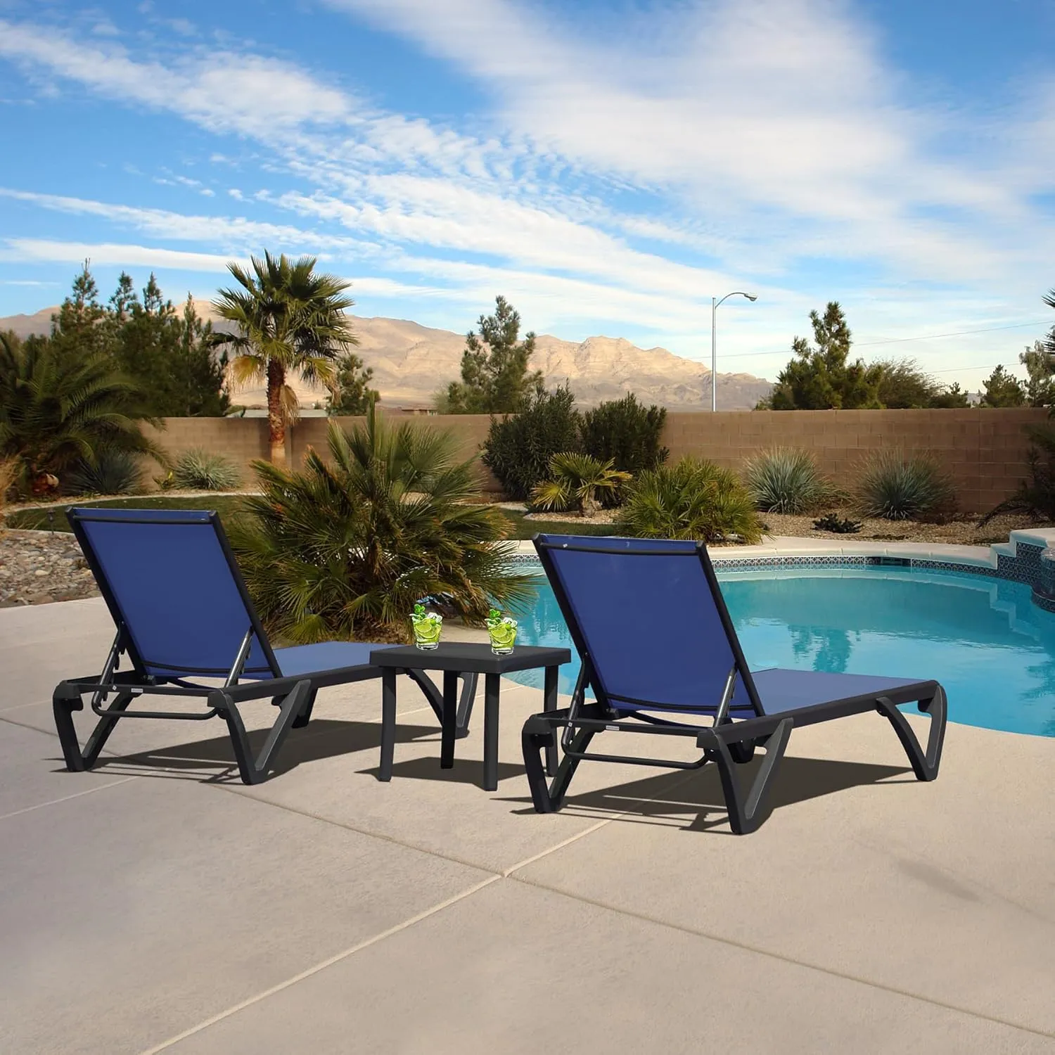 Domi Pool Lounge Chairs Set of 3, Aluminum Adjustable Outdoor Chaise Lounge with Wheels and Side Table, All Weather Poolside Chairs for Deck Lawn Patio Backyard, Textilene- Navy Blue