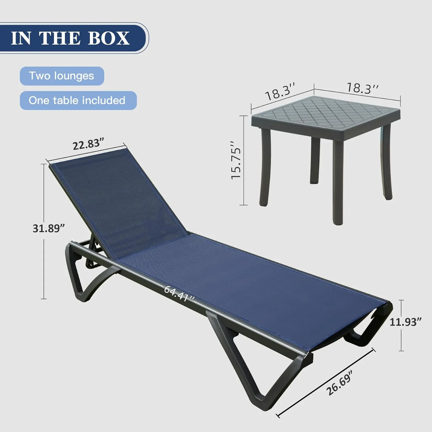 Domi Pool Lounge Chairs Set of 3, Aluminum Adjustable Outdoor Chaise Lounge with Wheels and Side Table, All Weather Poolside Chairs for Deck Lawn Patio Backyard, Textilene- Navy Blue