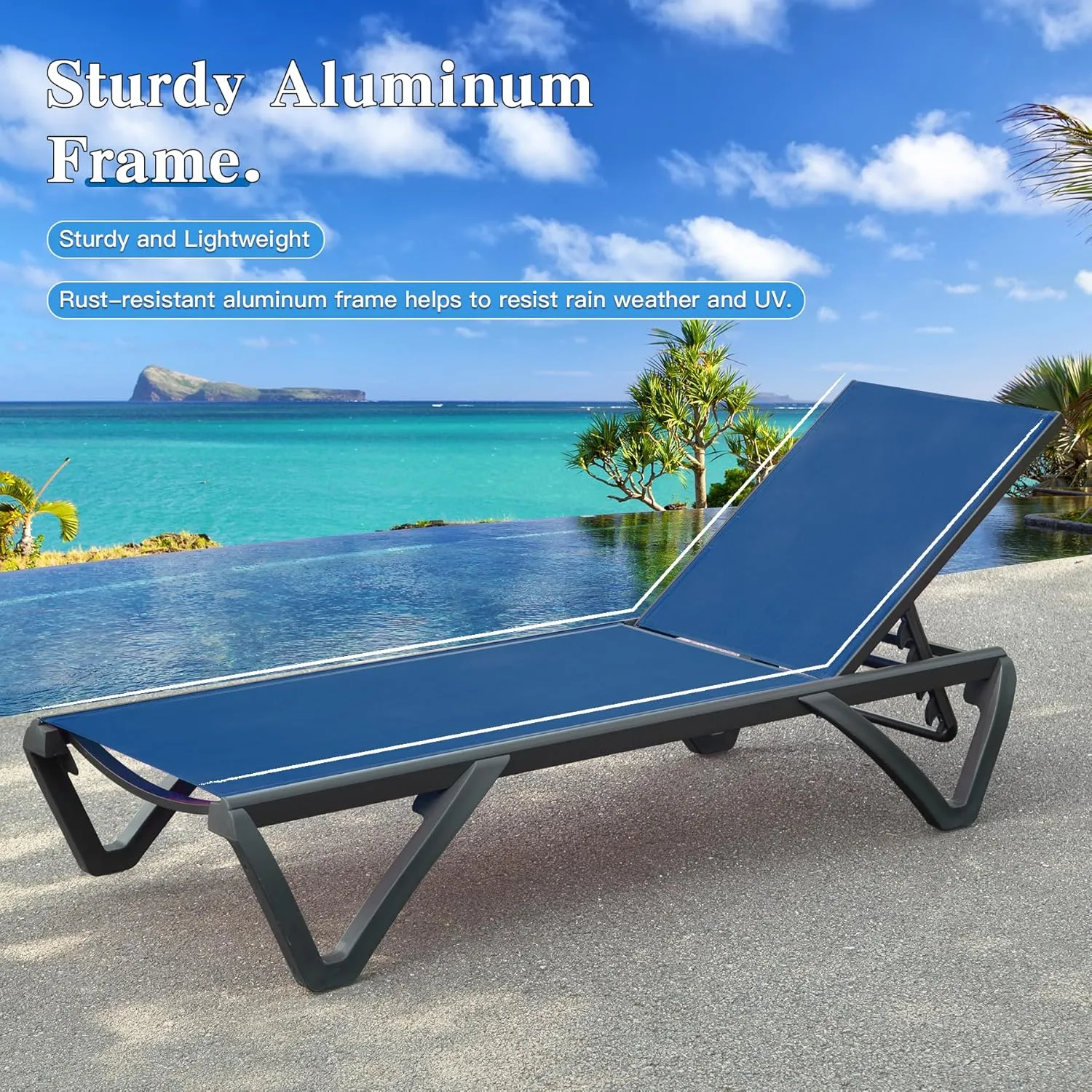 Domi Pool Lounge Chairs Set of 3, Aluminum Adjustable Outdoor Chaise Lounge with Wheels and Side Table, All Weather Poolside Chairs for Deck Lawn Patio Backyard, Textilene- Navy Blue