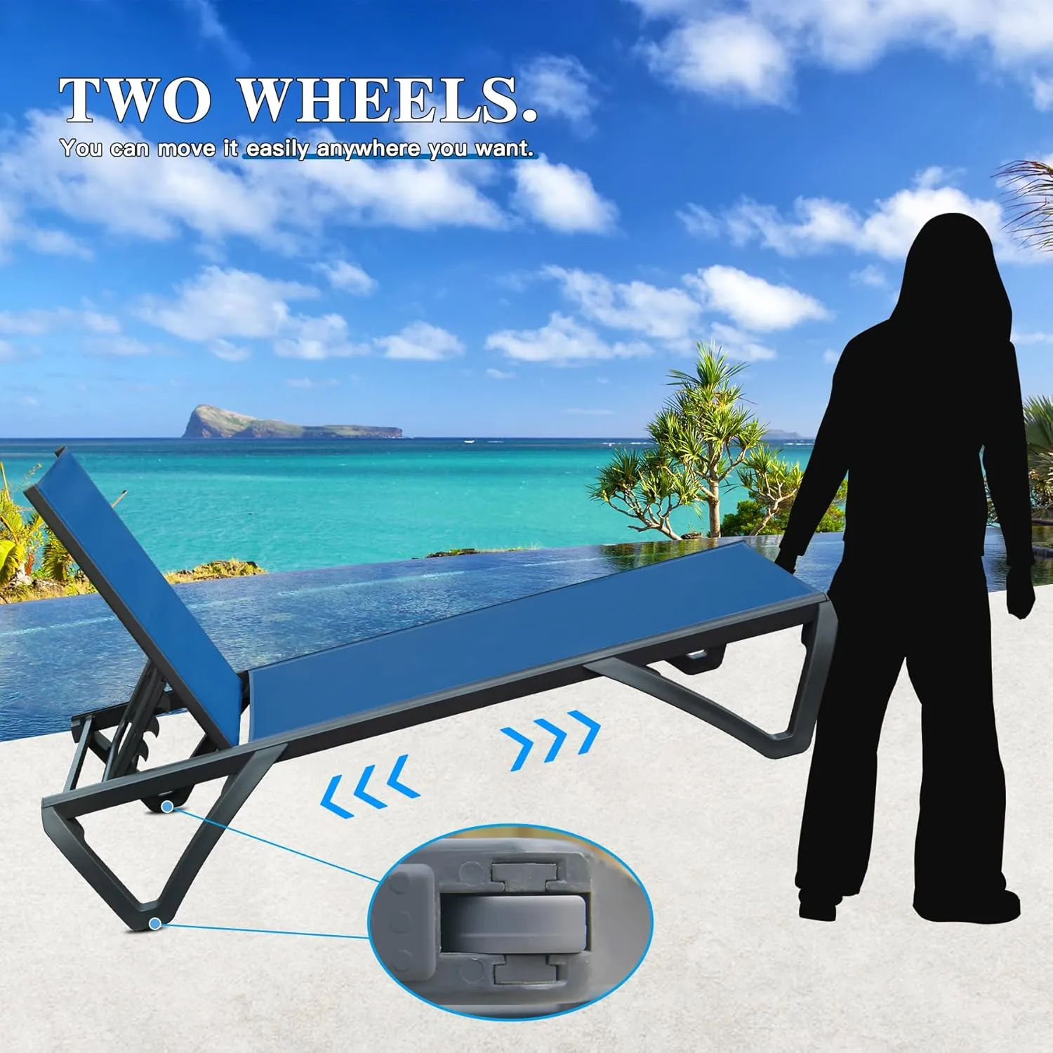 Domi Pool Lounge Chairs Set of 3, Aluminum Adjustable Outdoor Chaise Lounge with Wheels and Side Table, All Weather Poolside Chairs for Deck Lawn Patio Backyard, Textilene- Navy Blue